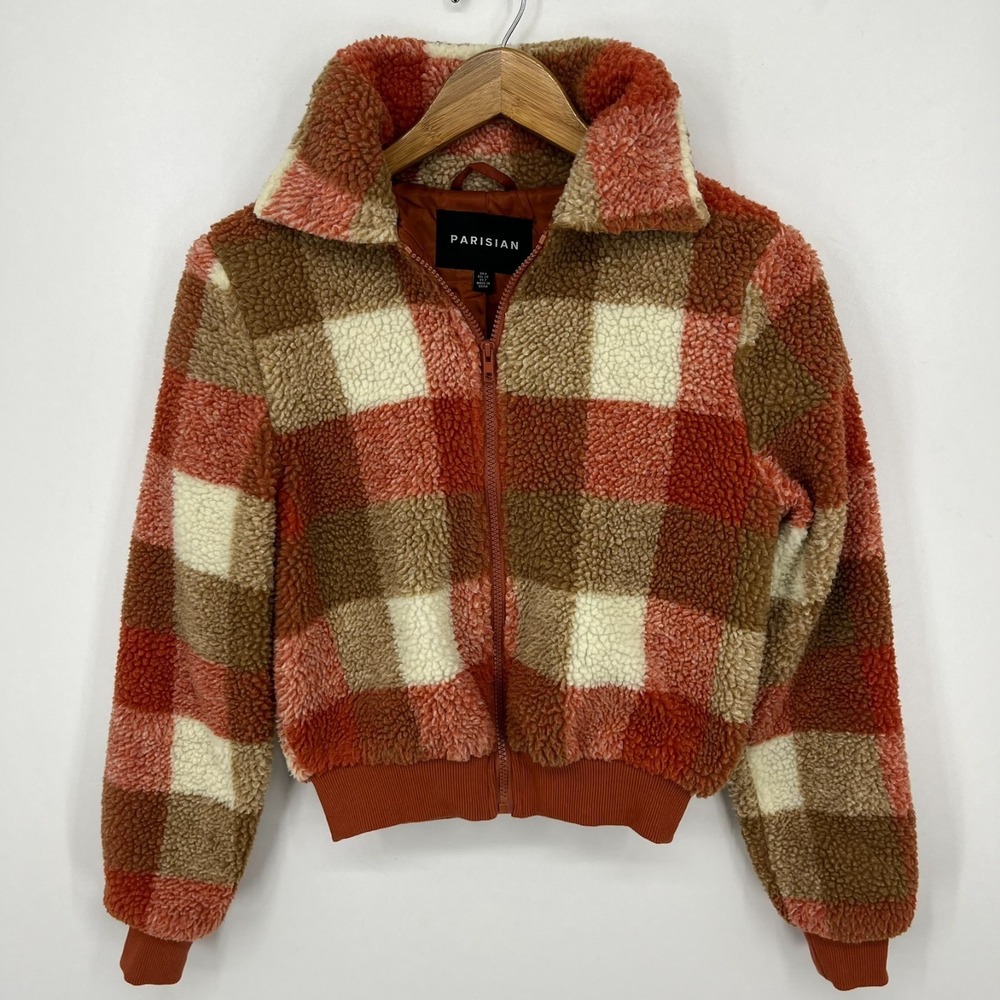 Parisian Fleece Sherpa Jacket Women's Size 2‎ Orange Plaid Print Lined